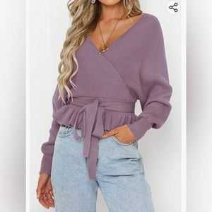 ZESICA Women's Wrap V Neck Belted Waist Ruffle Knitted Sweater Small